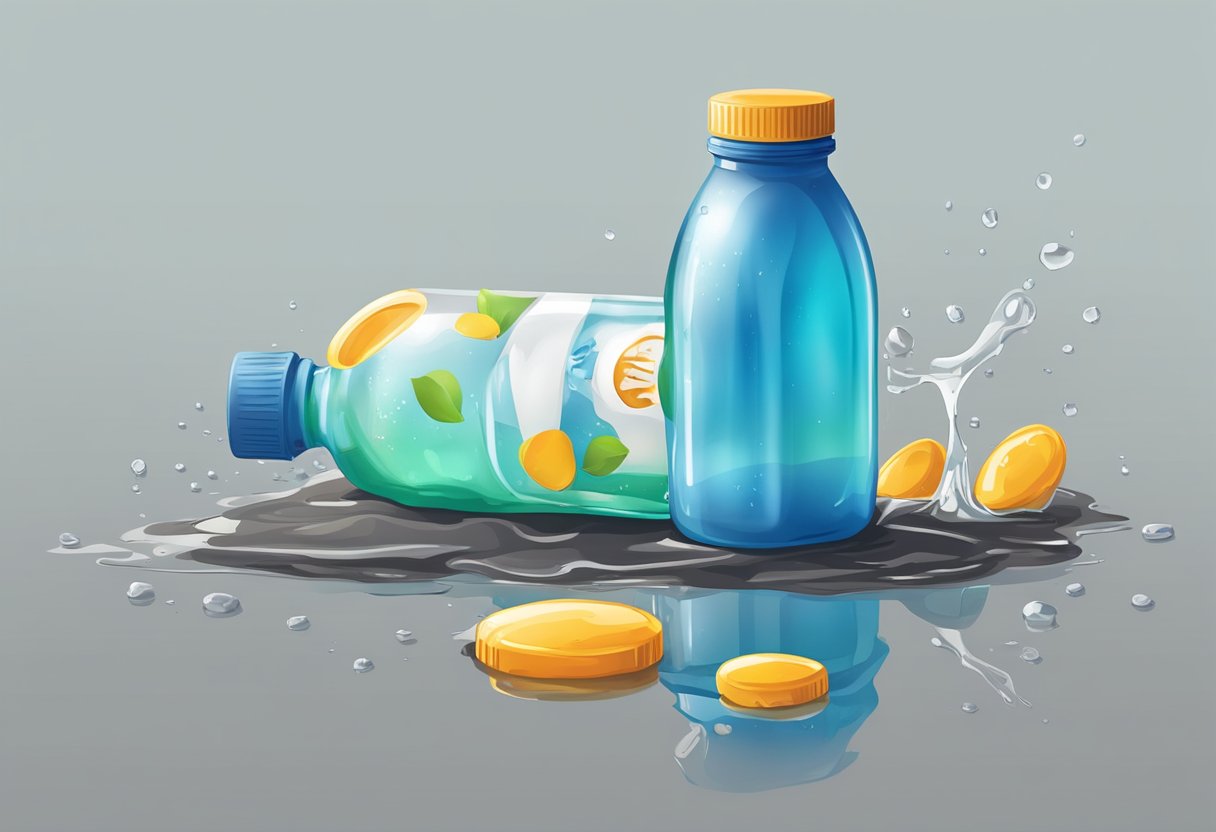 An empty bug juice drink bottle lying on its side, surrounded by spilled liquid and a small puddle on the ground