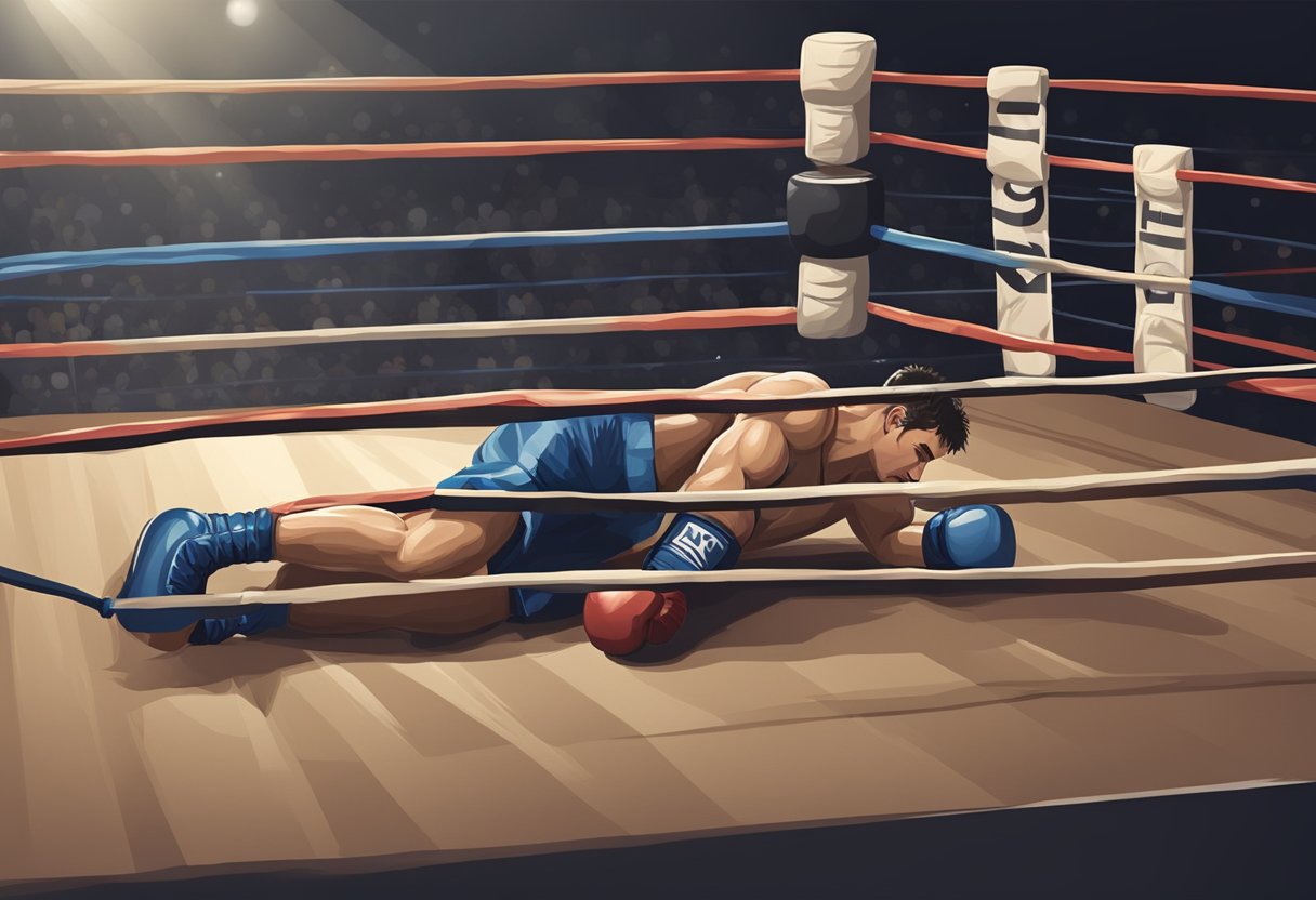 A boxing ring with a defeated opponent lying on the canvas