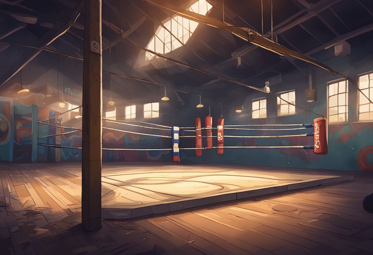 A deserted boxing gym with scattered equipment and an abandoned ring, surrounded by graffiti-covered walls and dimly lit by a single flickering light