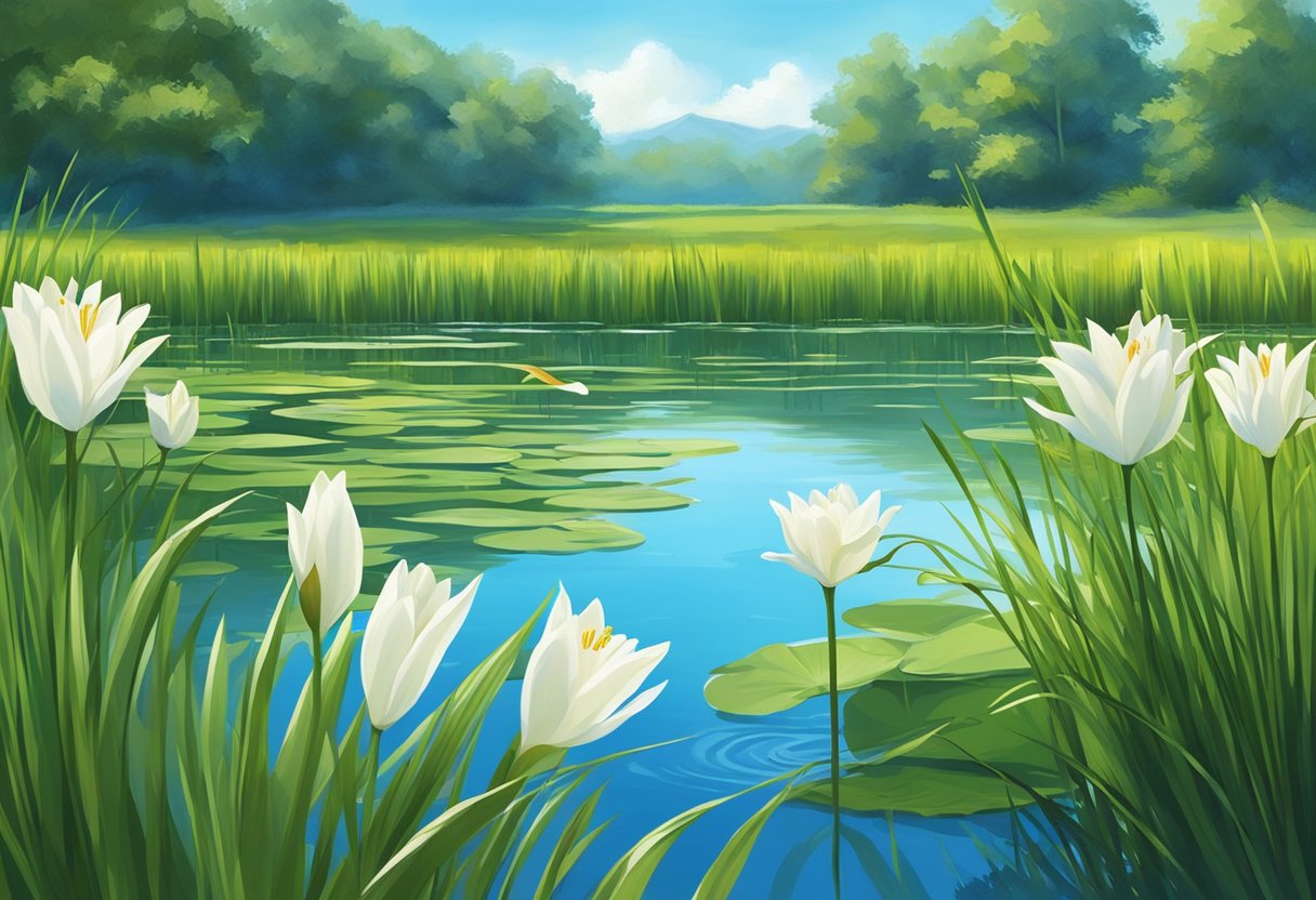 A serene lake with a single white lily floating on the water's surface, surrounded by vibrant green reeds and a clear blue sky above