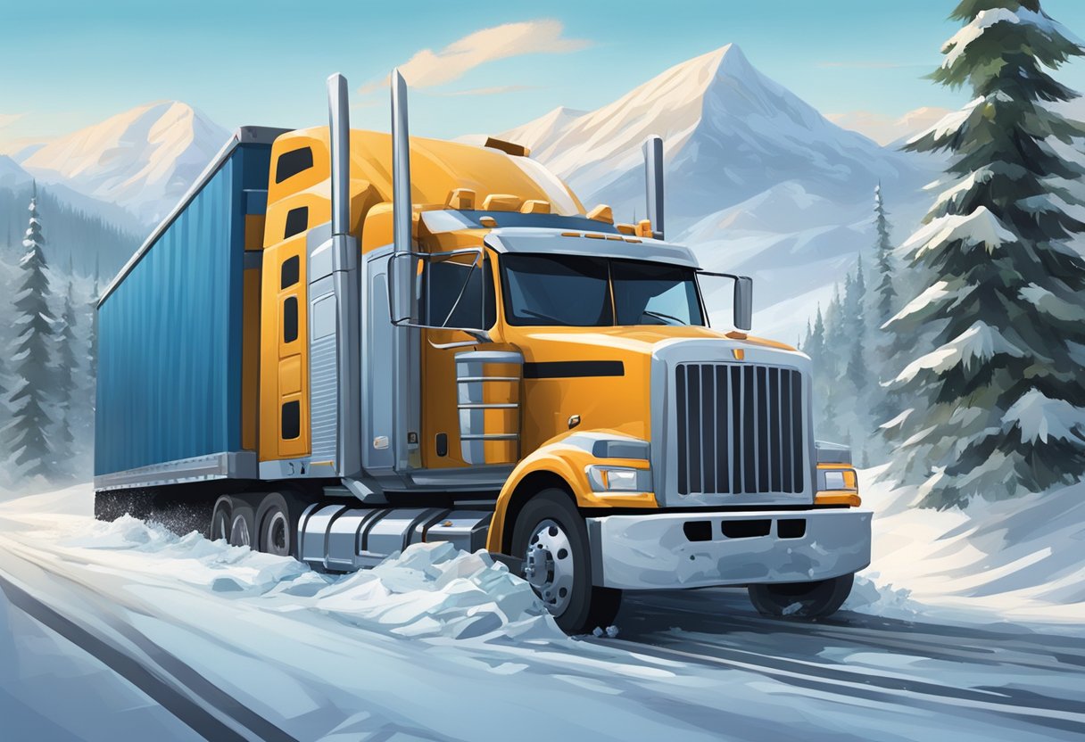 A truck crashed through an icy road, surrounded by snowy mountains and trees, with a sense of urgency and danger