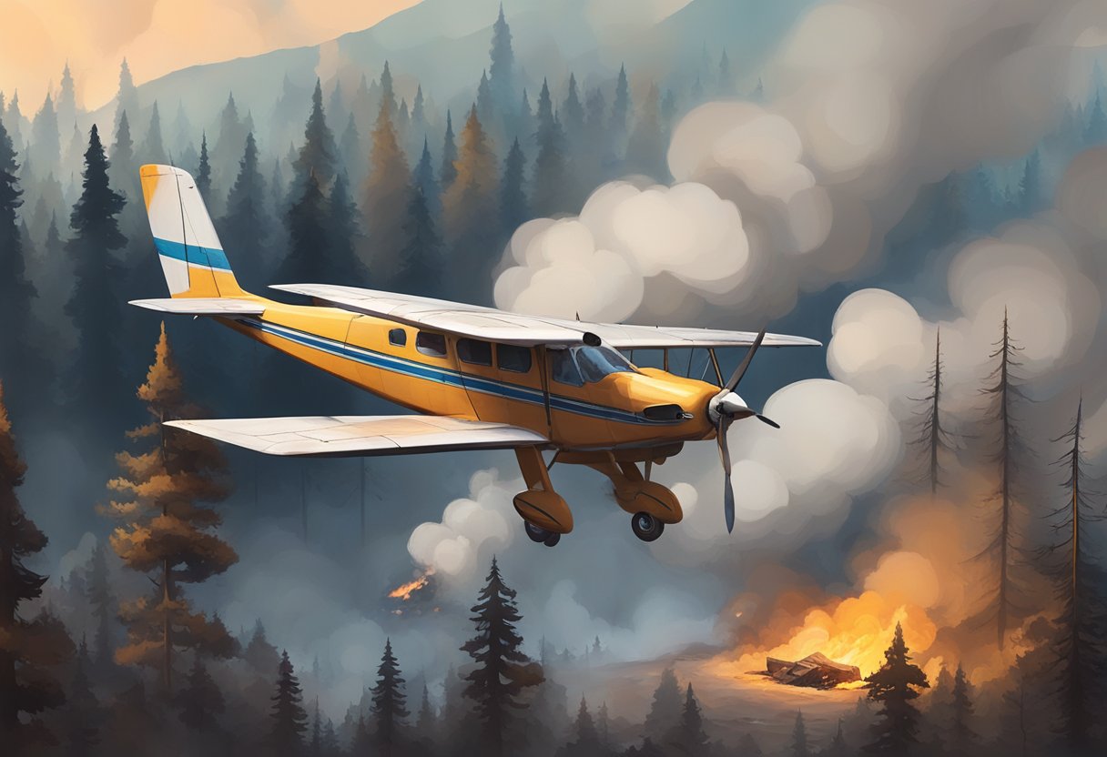 A small plane lies in pieces in a remote wilderness, surrounded by charred trees and billowing smoke