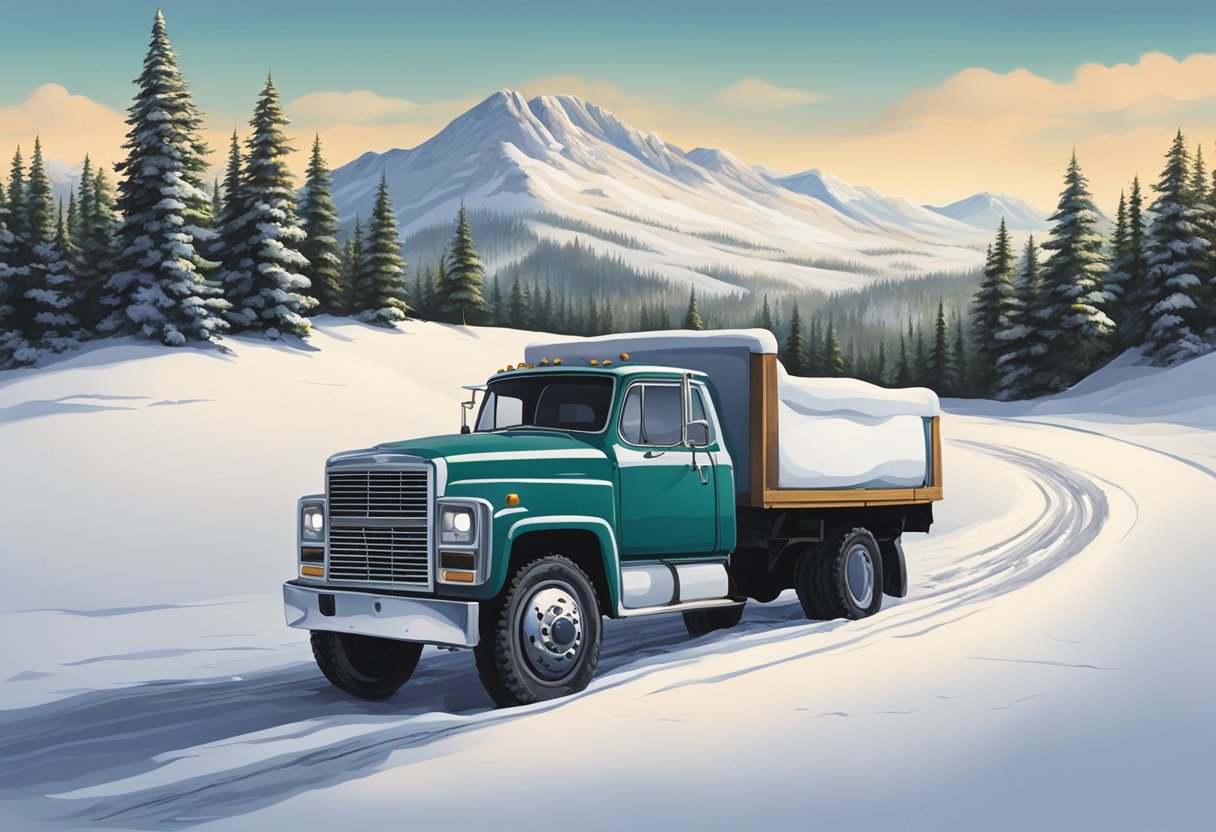 A lone truck sits atop a snow-covered mountain, surrounded by vast wilderness and towering trees. A sense of solitude and remembrance fills the air