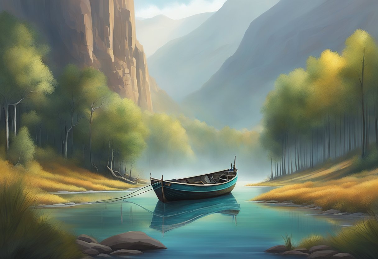 A man's abandoned fishing boat drifts on the tranquil waters of Virgin River, surrounded by misty mountains and dense forest