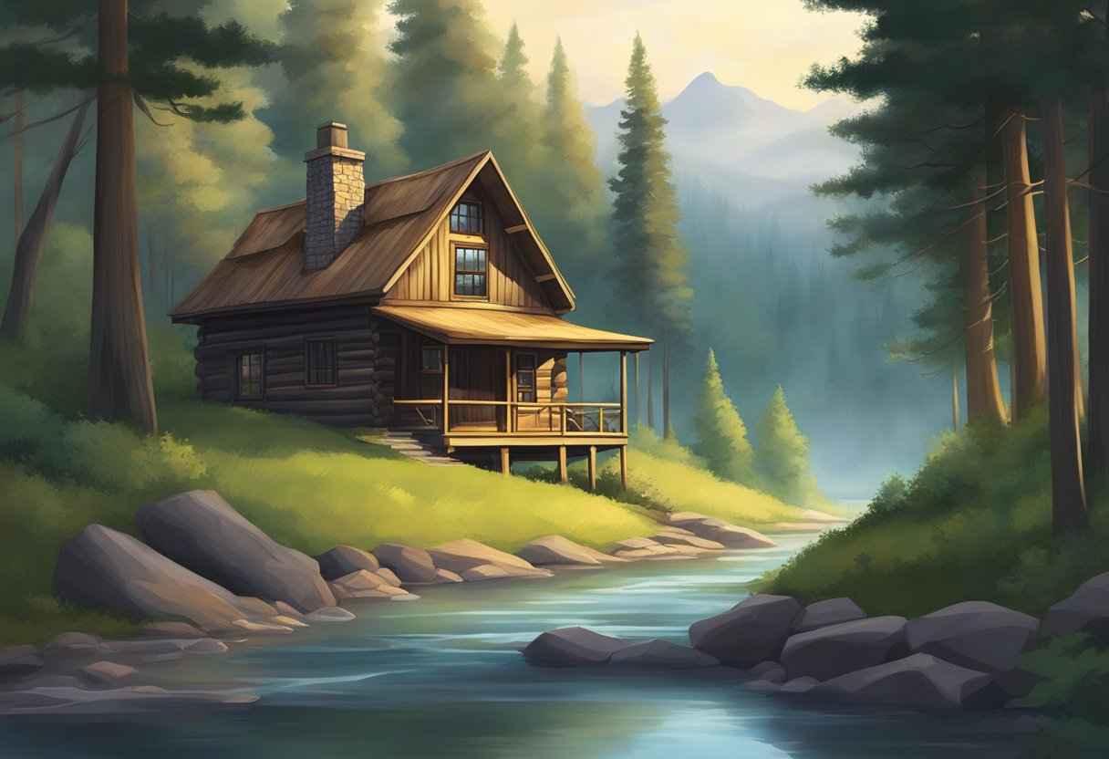 A secluded cabin in the woods, surrounded by tall trees and a serene river flowing nearby. A sense of mystery and longing fills the air