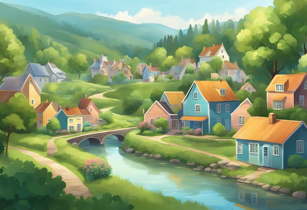 A small town with a serene river flowing through the center, surrounded by lush greenery and quaint cottages