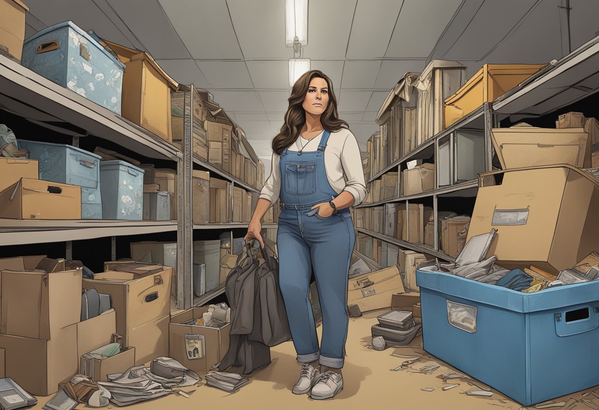 Brandi from Storage Wars finds a rare antique in a dusty old storage unit, surrounded by piles of forgotten belongings