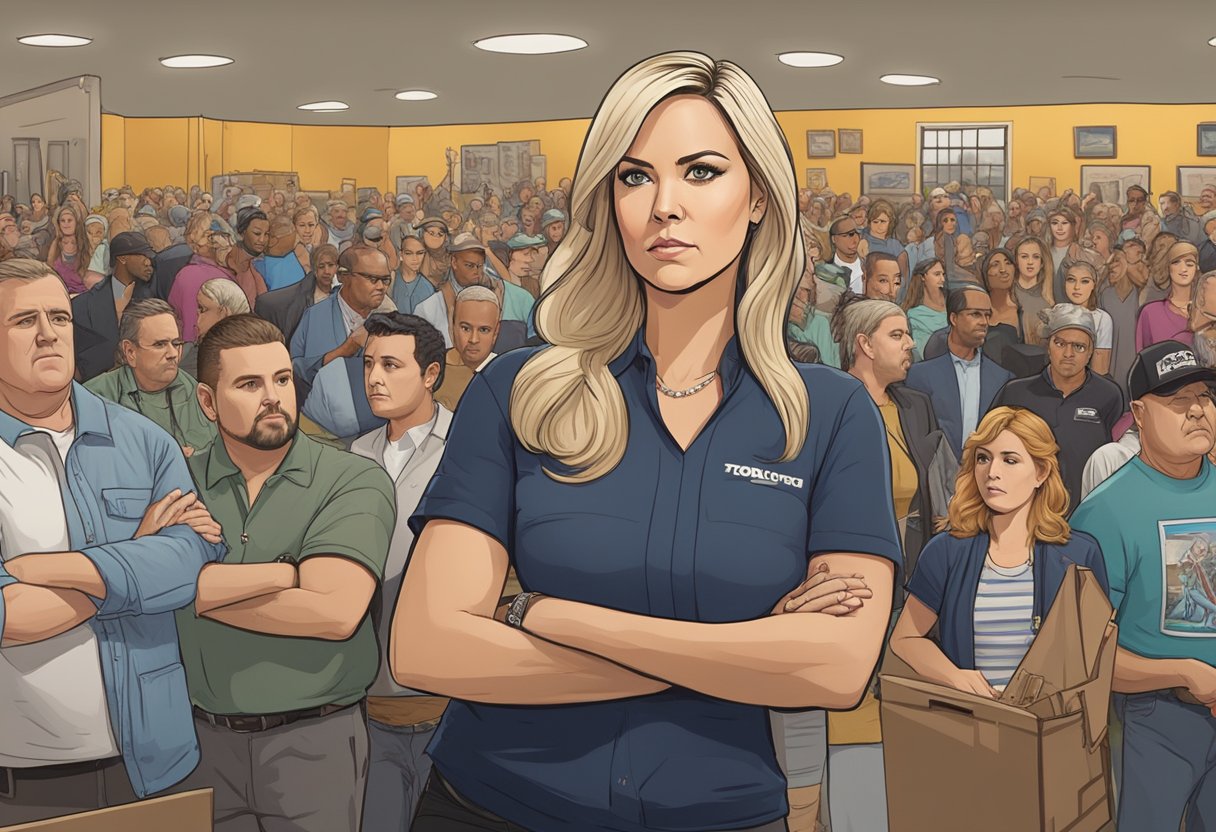 Brandi from Storage Wars stands in front of a crowded auction, looking determined and focused as she assesses the items up for bid