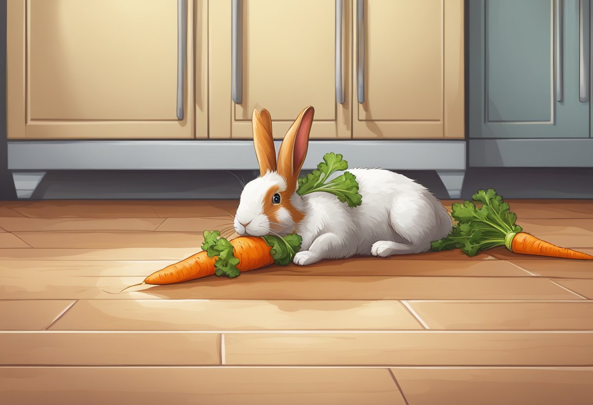 A carrot top lies abandoned on the kitchen floor, half-eaten by a mischievous pet rabbit