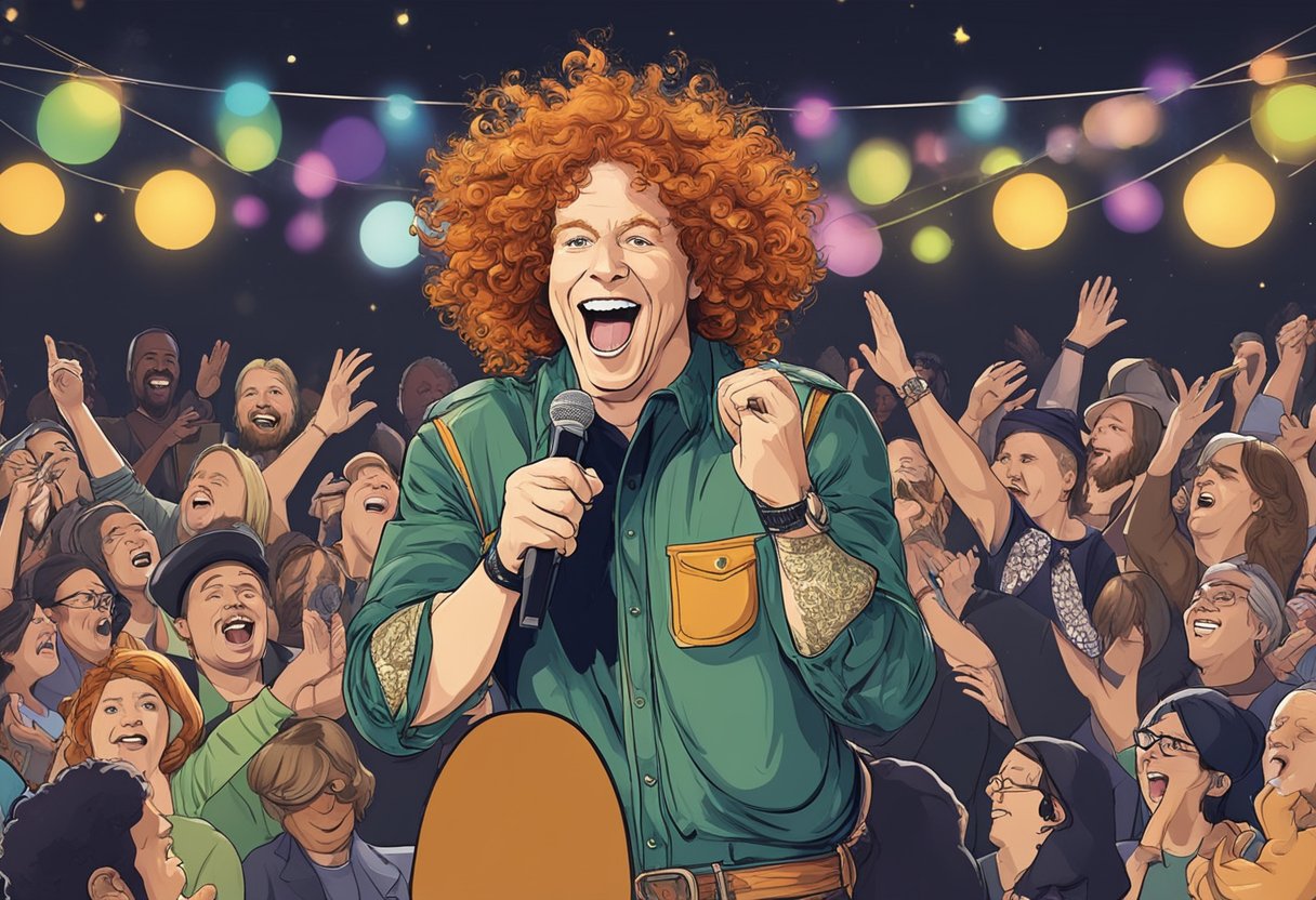 Carrot Top performs comedy on stage with a crowd laughing and clapping