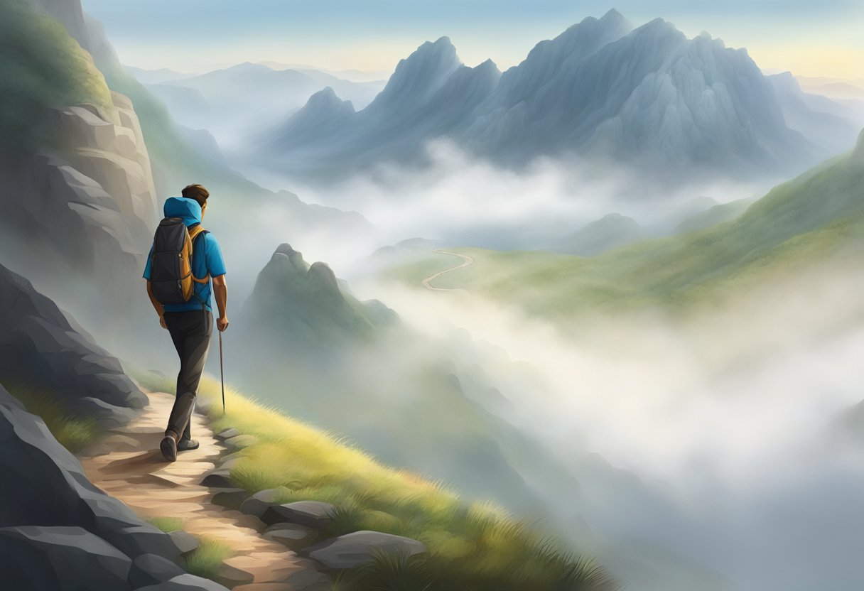 A lone figure climbs a winding mountain path, surrounded by mist and towering cliffs