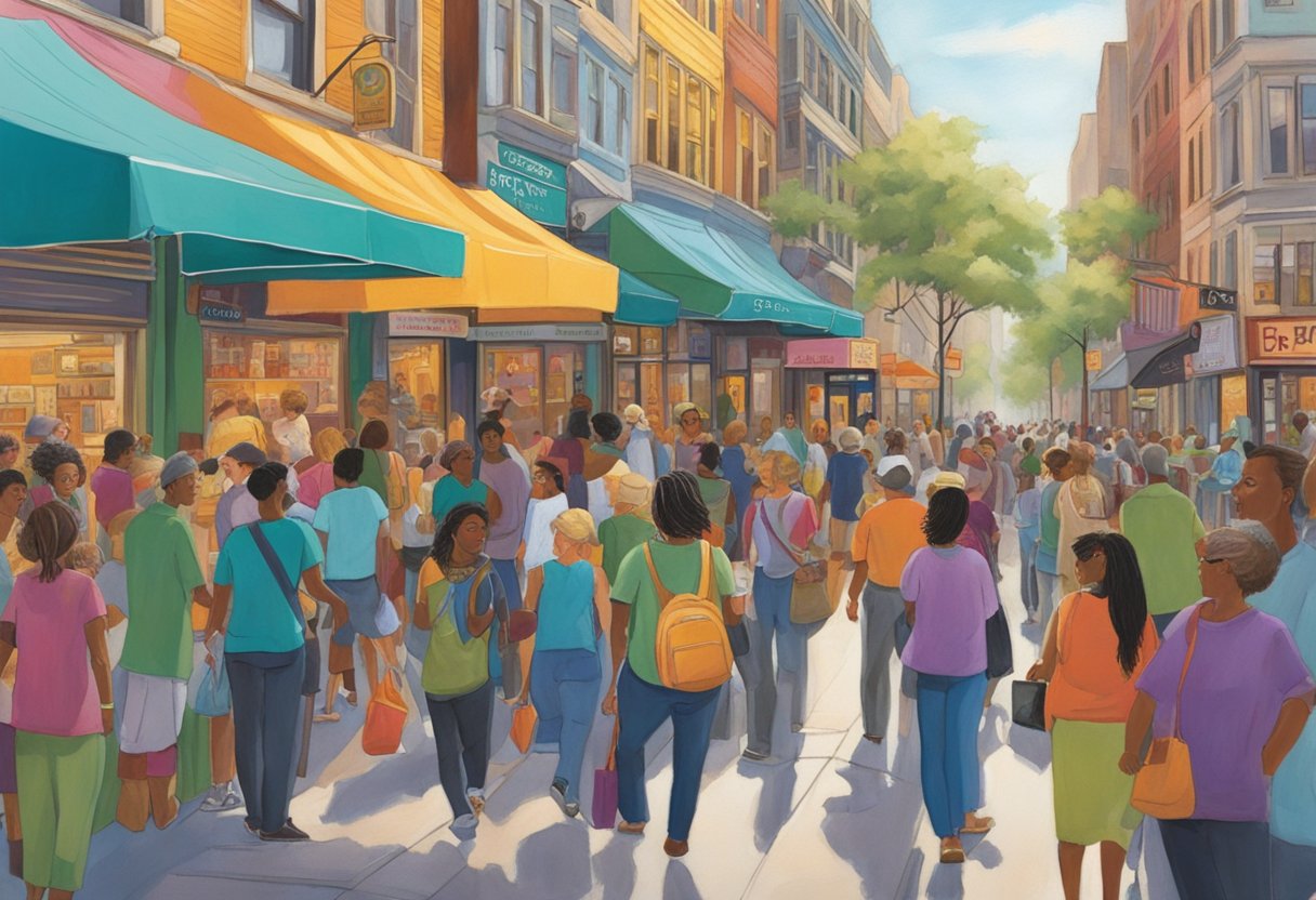 A bustling city street crowded with diverse people and vibrant storefronts, Kay Adams navigates the colorful scene with a sense of purpose and determination