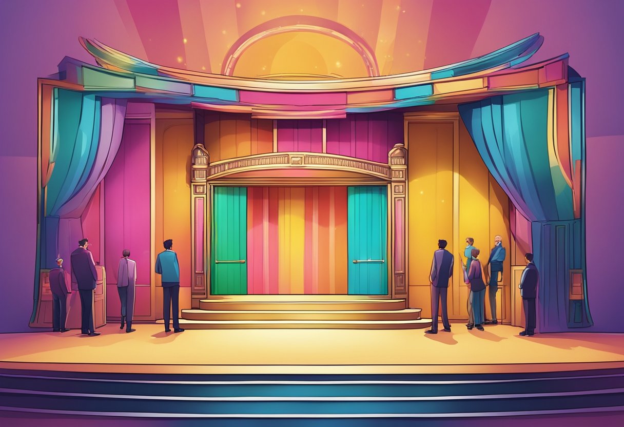 A colorful stage with three doors, a host standing in front, and an excited audience waiting for a contestant to make a choice