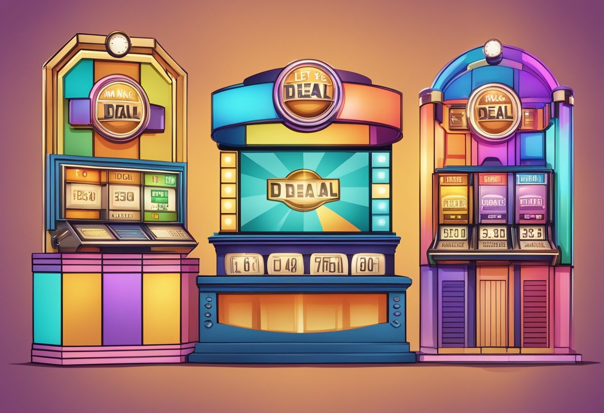 A colorful game show set with vintage and modern elements, showcasing the evolution of "Let's Make a Deal."