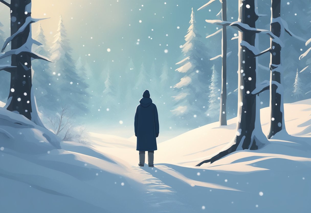 A lone figure stands in a snow-covered forest, surrounded by tall trees and a soft blanket of snow. The peaceful silence is broken only by the sound of falling snowflakes