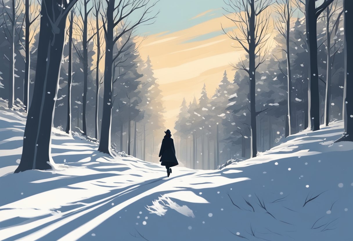 Lucia trudges through a snowy forest, her breath visible in the cold air. The snow-covered trees loom overhead, casting long shadows on the path