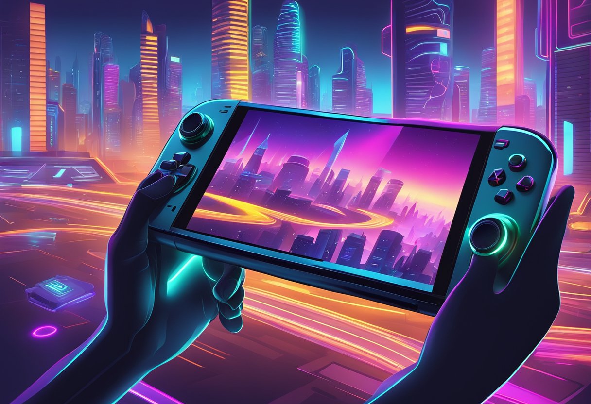 A sleek, modern handheld game console with vibrant buttons and a high-resolution screen, surrounded by a dynamic background of futuristic cityscape and neon lights - Handheld Game Consoles