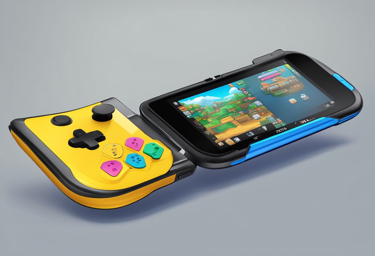 A sleek, modern handheld game console with advanced technical specifications and high-performance capabilities, featuring a vibrant display and ergonomic design