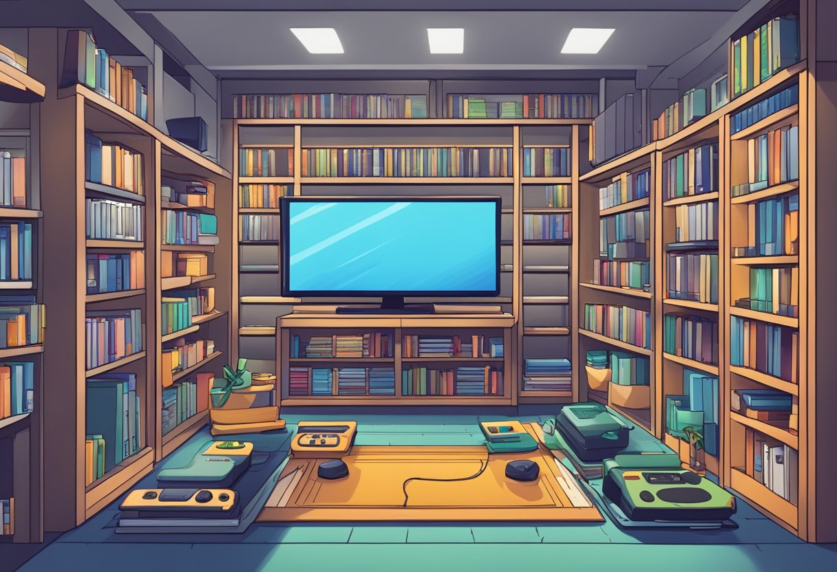 A sleek, modern gaming library filled with high-performance handheld game consoles, surrounded by shelves of content availability