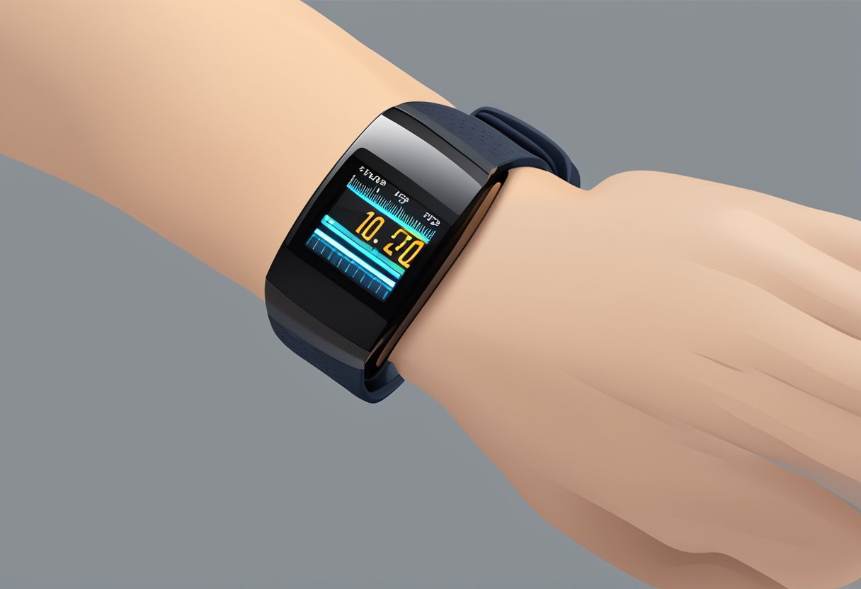 A wrist with a heart rate monitor displaying a normal rhythm