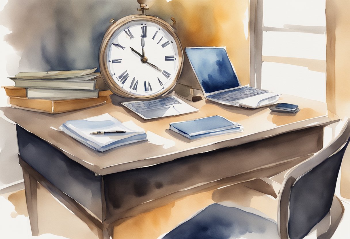 A desk with a laptop, pen, and paper. A clock on the wall. A chair for an interviewee