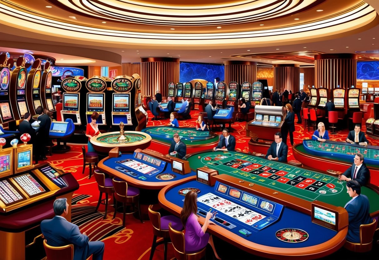 A bustling casino floor in Australia, with colorful slot machines, roulette tables, and card games, as people eagerly place their bets