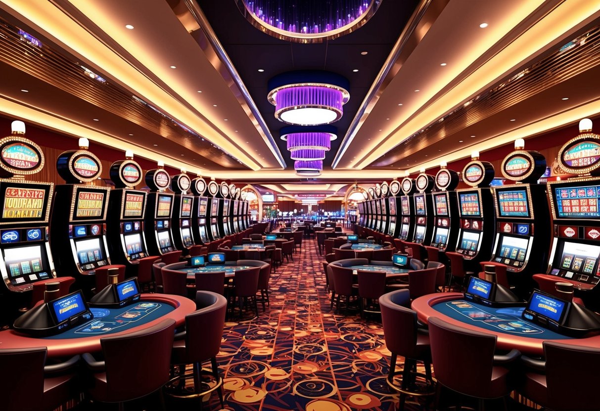 A bustling casino floor with rows of slot machines and gaming tables, surrounded by flashing lights and the sound of clinking coins