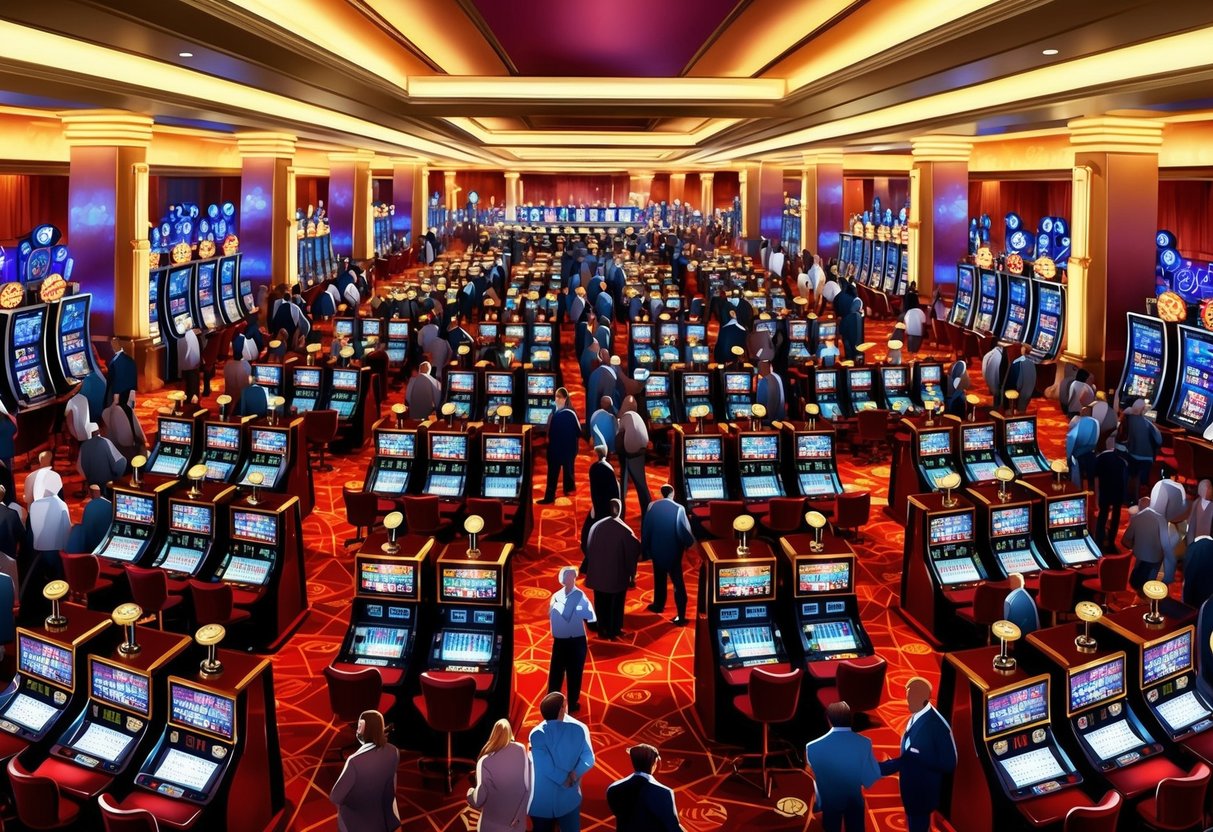 Brightly lit casino floor with rows of slot machines and card tables, surrounded by bustling crowds and the sound of clinking coins