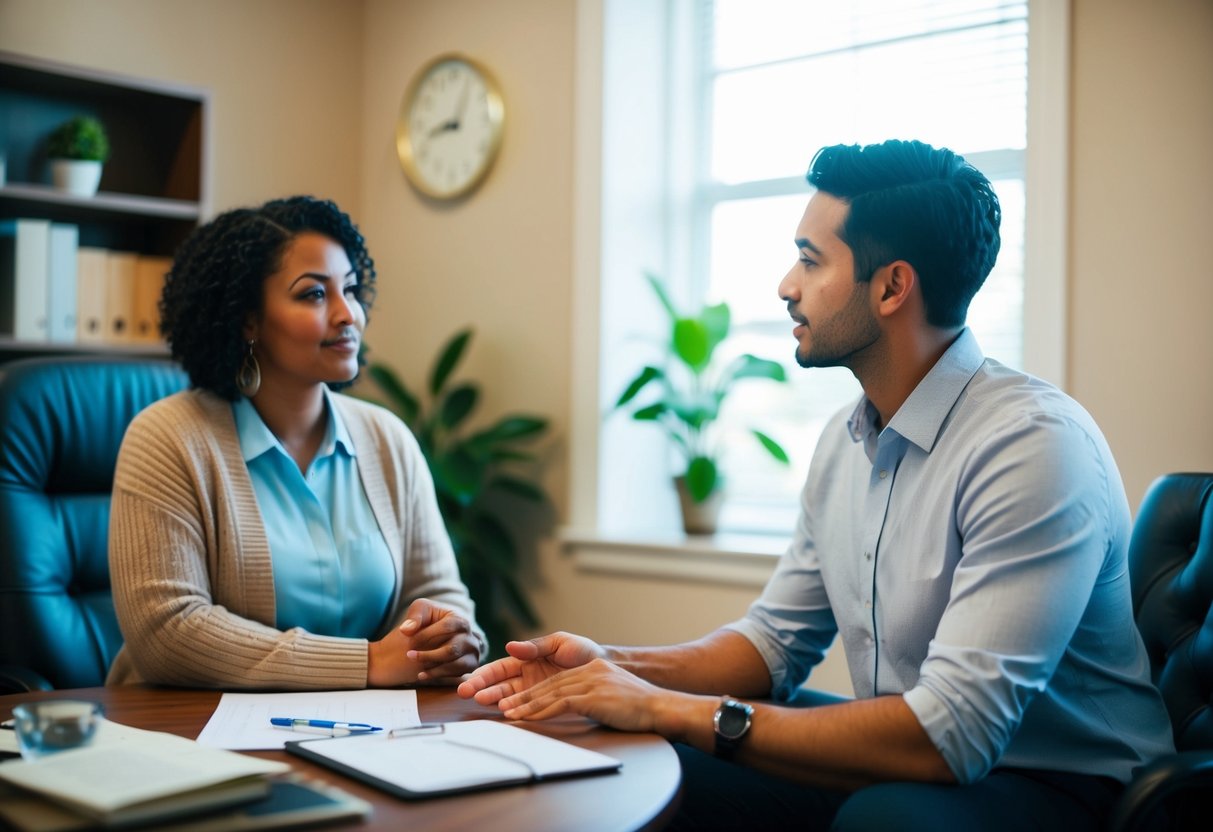 A substance abuse counselor listens attentively to a client, offering support and guidance in a cozy, private office setting