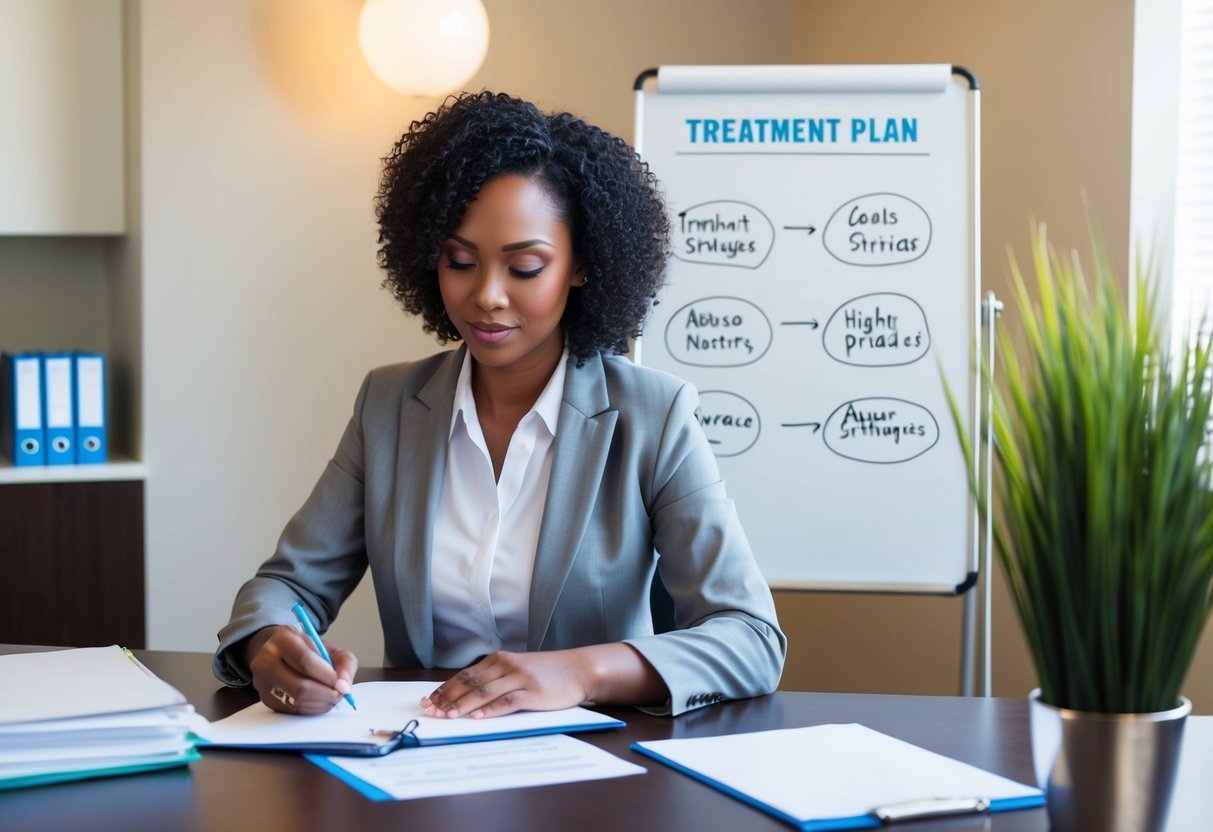 A substance abuse counselor sits at a desk, reviewing client files and writing notes. A whiteboard behind them displays a treatment plan with goals and strategies