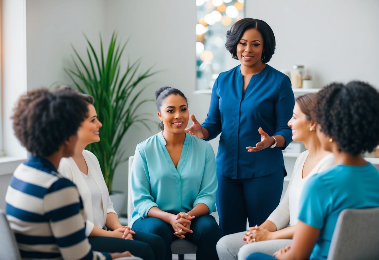 A substance abuse counselor leading a group therapy session with clients sharing their experiences and supporting each other in a safe and comforting environment