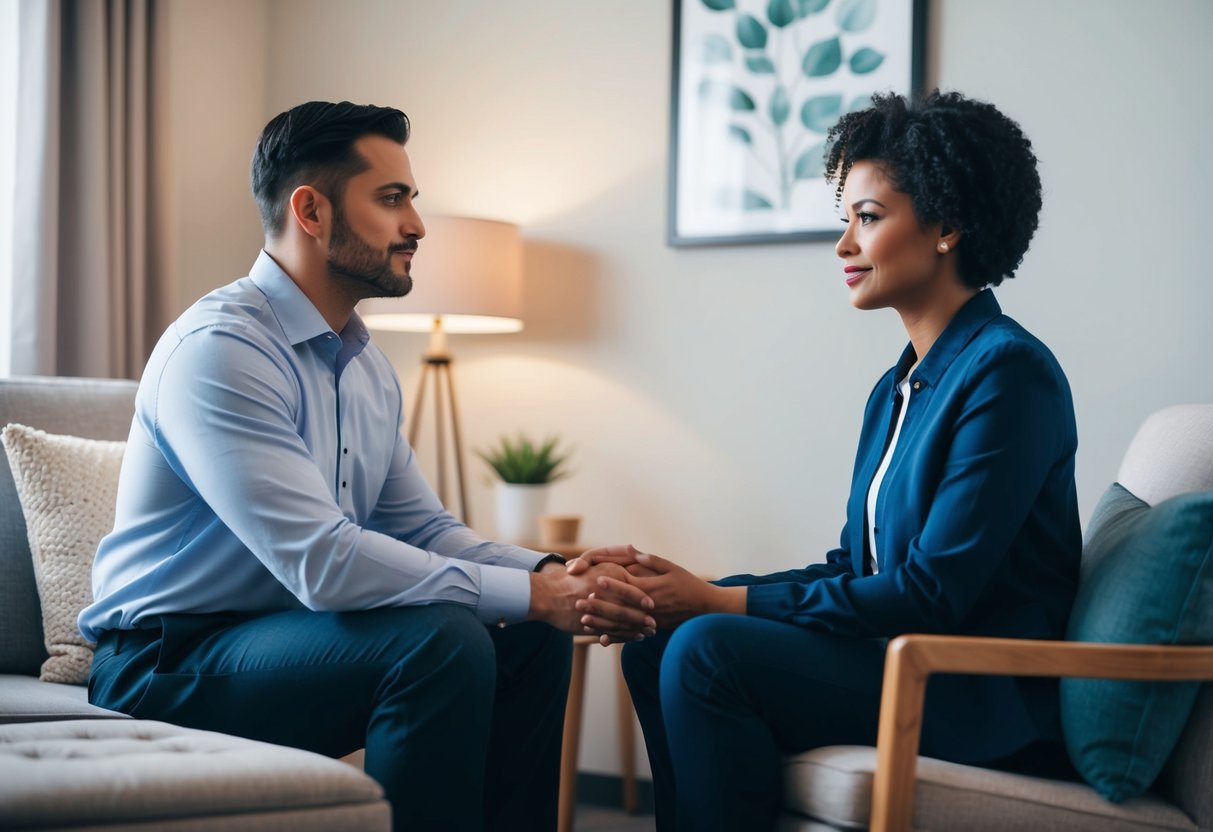 A substance abuse counselor listens and supports a client in a cozy, private office setting, surrounded by calming decor and a comfortable seating area