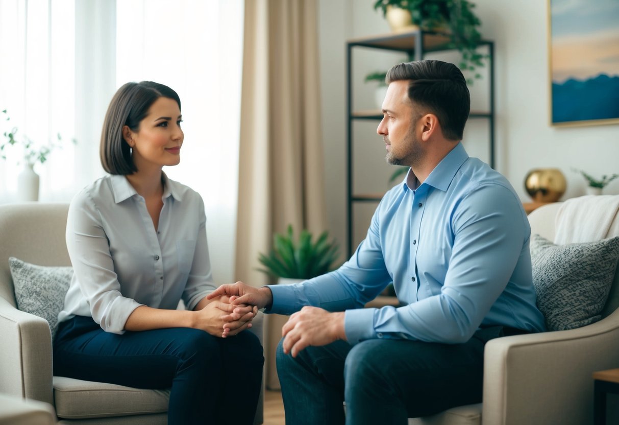 A substance abuse counselor sits in a cozy office, listening attentively to a client. The counselor offers support and guidance, creating a safe space for the client to discuss their struggles with addiction