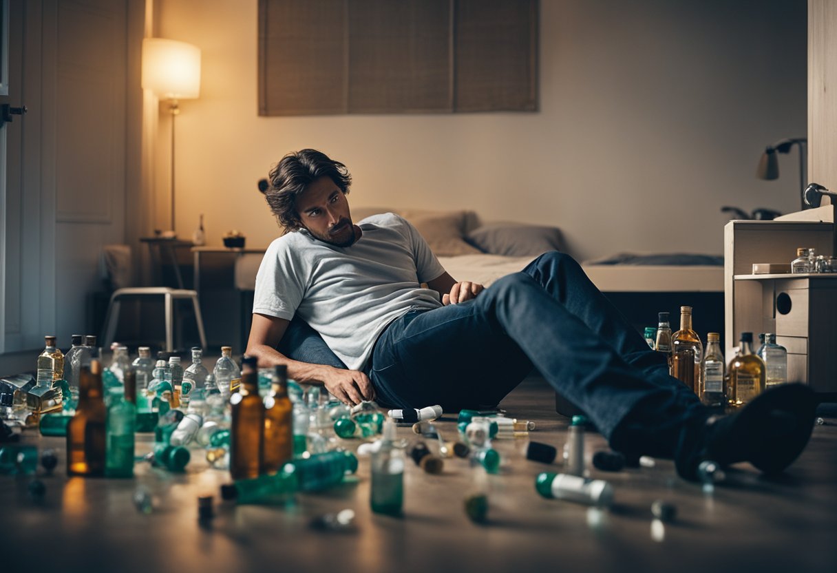 A dimly lit room with empty pill bottles and alcohol bottles scattered on the floor, a person sitting on the edge of a disheveled bed with a defeated expression