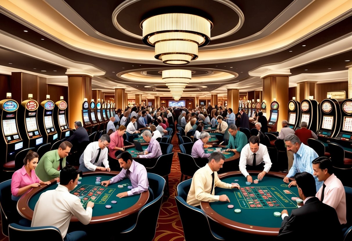 A crowded Australian casino, with bright lights and rows of slot machines, poker tables, and roulette wheels. Patrons eagerly place bets and exchange chips