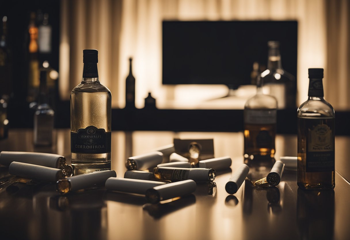 A dimly lit room with empty alcohol bottles scattered on the floor, a pack of cigarettes left on the table, and a TV blaring in the background