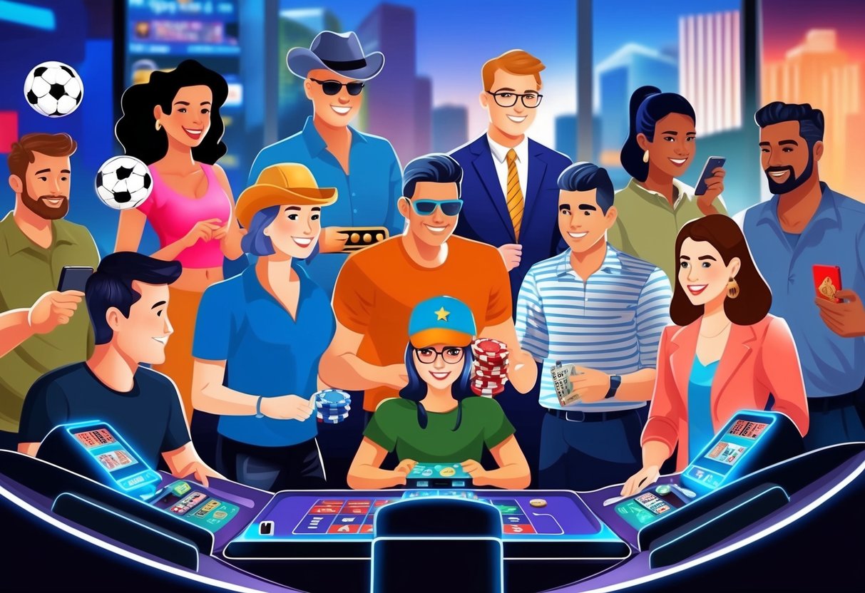 A group of diverse people in Australia engaging in various forms of gambling and betting, including sports betting and playing electronic gaming machines