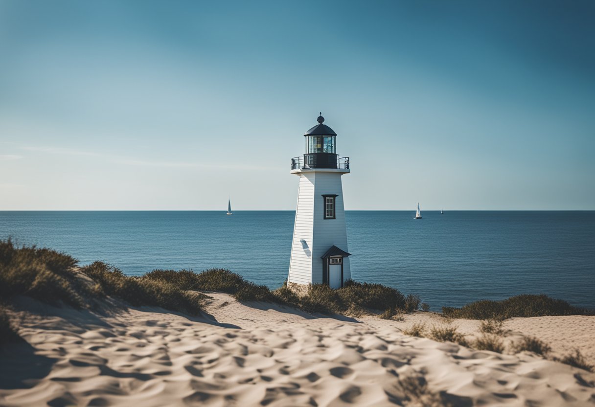 A serene beach scene with a lighthouse in the distance, surrounded by calm waters and a clear blue sky, representing stability and strength in the face of addiction triggers