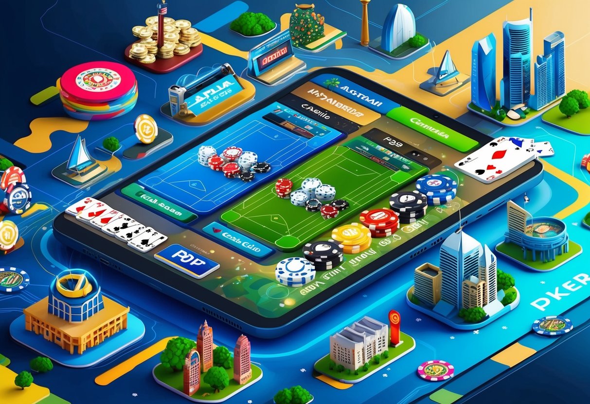 A vibrant digital landscape with casino games, sports betting, and poker, surrounded by Australian landmarks and symbols