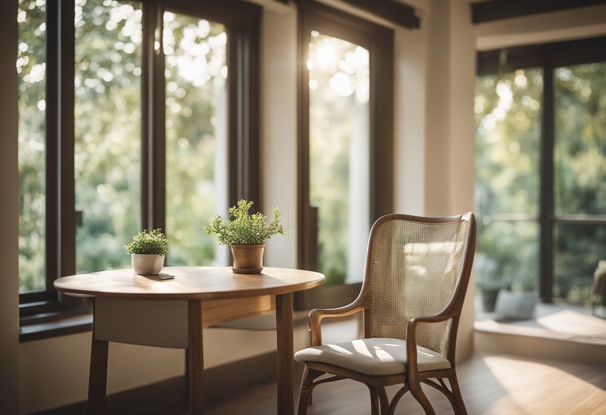 A serene room with soothing colors and soft lighting, featuring a comfortable chair and a table with a calming view of nature outside the window