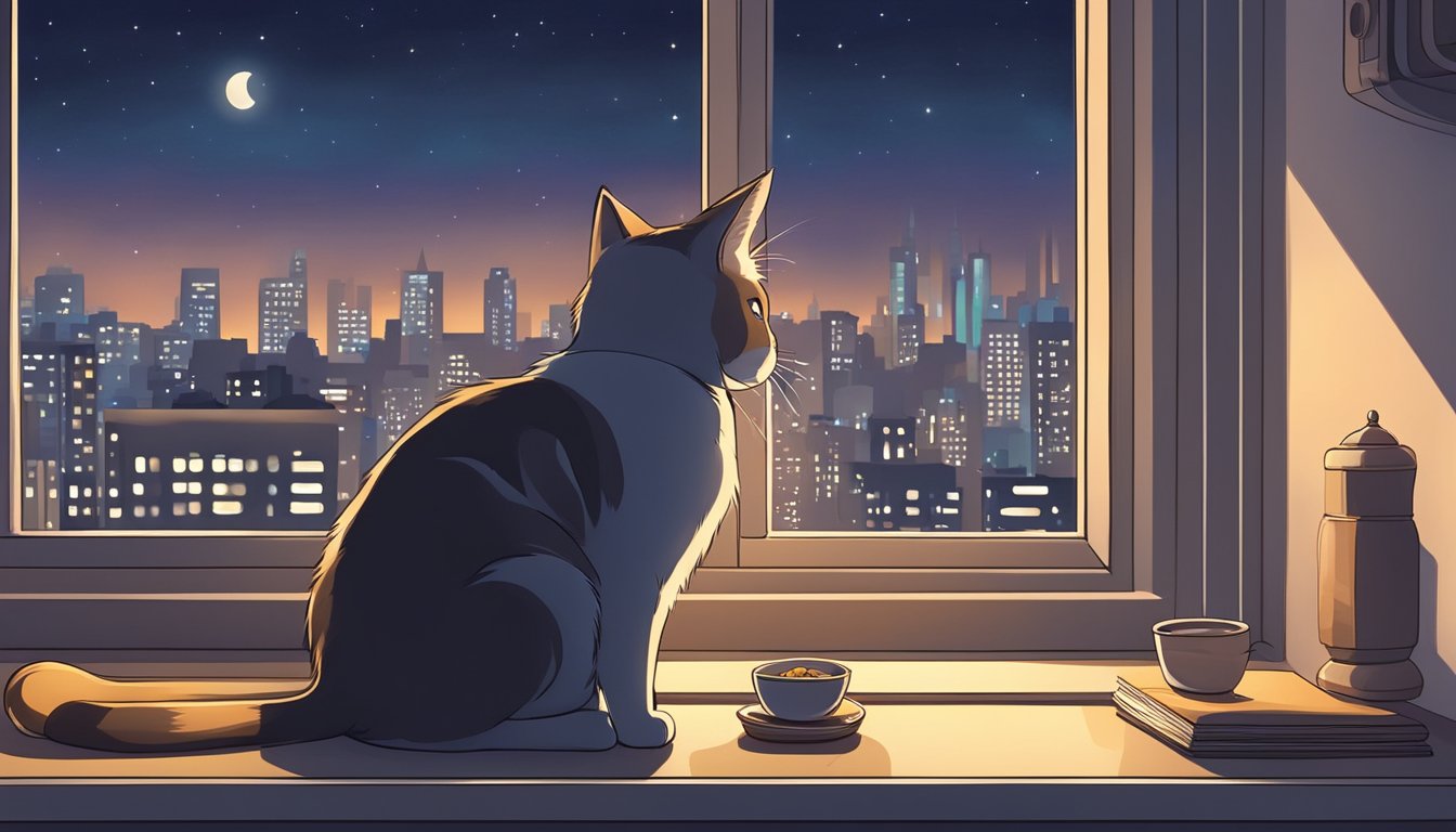 Eine einsame Katze sitzt auf einer Fensterbank und schaut nachts auf die Skyline der Stadt. Der Raum ist gemütlich, mit einem weichen Bett und einer Schüssel mit Futter.