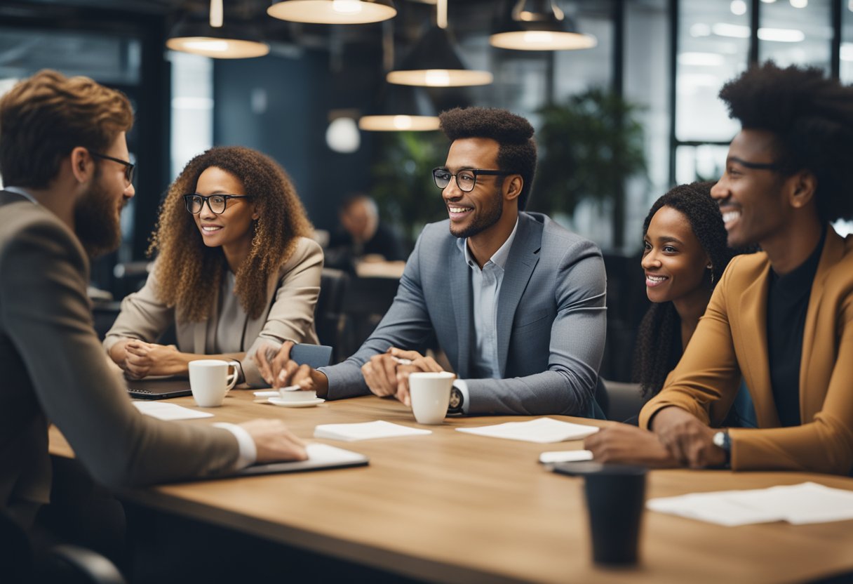 A bustling coworking space with diverse professionals, some anxious, some hopeful, as they discuss and plan for the potential impact of a Trump presidency