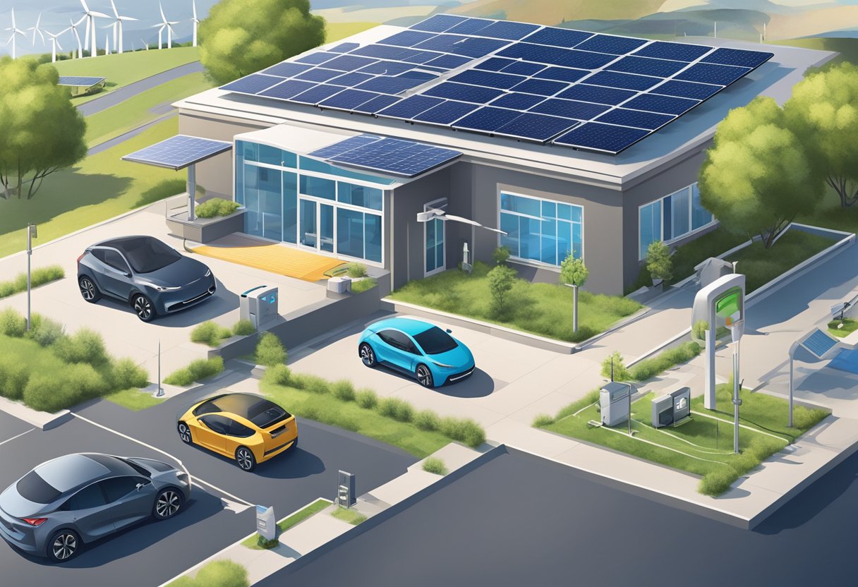 Solar panels cover a rooftop, wind turbines spin in the distance, and an electric car is plugged into a charging station