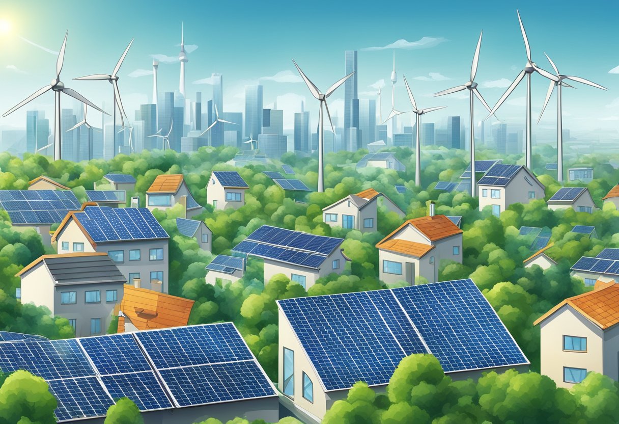 A bustling city skyline with solar panels on rooftops and wind turbines in the distance, surrounded by greenery and clean energy infrastructure