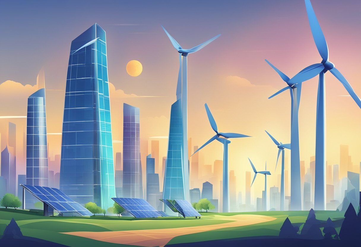 A futuristic city skyline with sleek, energy-efficient buildings powered by renewable sources. Wind turbines and solar panels dot the landscape, storing and distributing eco-friendly power solutions