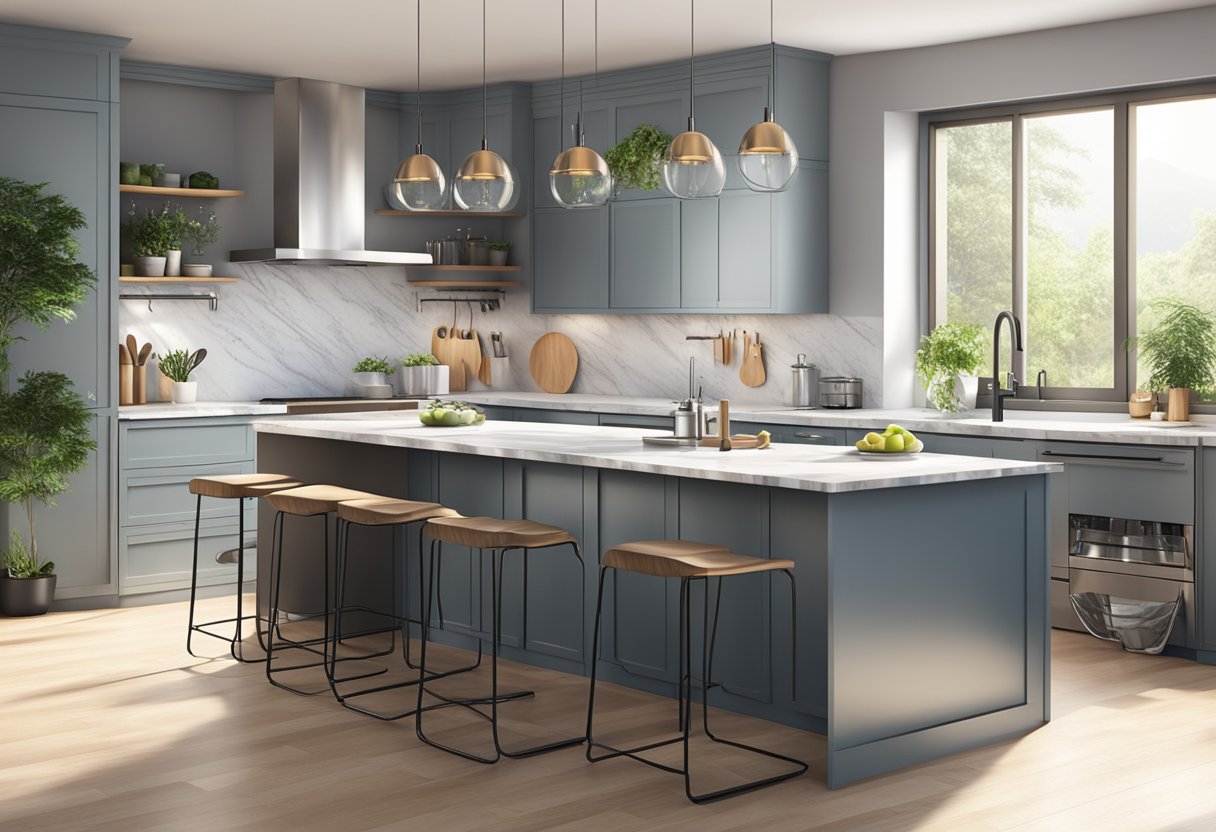 A sleek, modern kitchen with a marble countertop and a hanging rack displaying stylish utensil sets. Bright natural light streams in through large windows