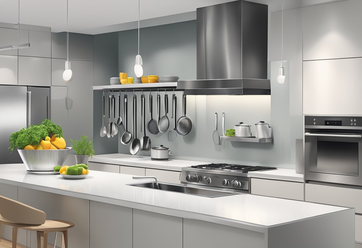 A sleek, modern kitchen with a hanging rack displaying matching stainless steel utensil sets. Bright, clean countertops and a neatly organized drawer complete the scene