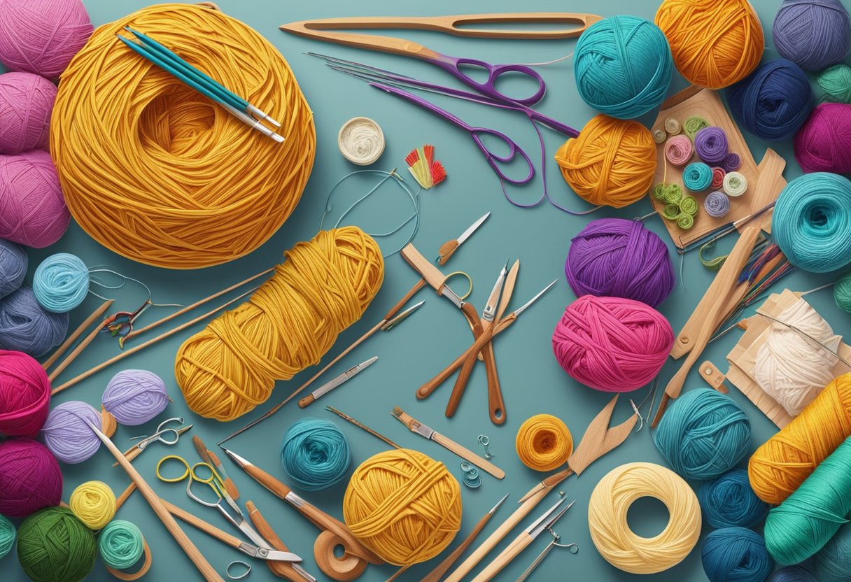 A table covered in various crafting kits for adults, including knitting needles, paintbrushes, and embroidery hoops, surrounded by colorful skeins of yarn and stacks of paper