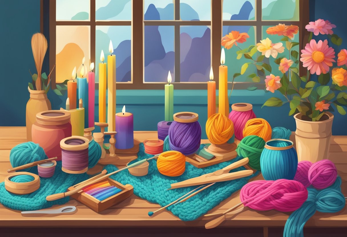 A table with various crafting kits for adults, including knitting, pottery, and candle making. Bright colors and organized displays