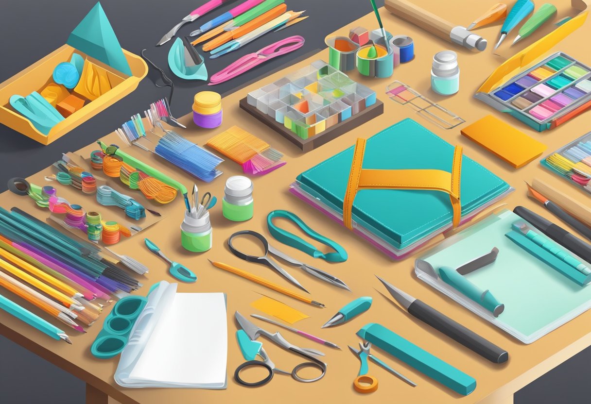 A table with various crafting kits and tools neatly arranged, surrounded by colorful and neatly organized crafting materials and supplies